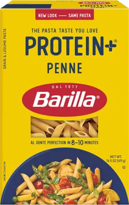 A box of Barilla Protein+ Penne pasta.
