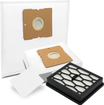 A collection of vacuum cleaner bags and a filter are arranged on a white background.