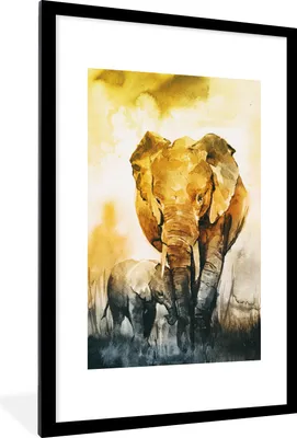 Produktbild von MuchoWow® MuchoWow® Gerahmtes Poster Elefant - Kind - Aquarell 60x90 cm - Poster mit zchwarzem Bilderrahmen - Dekoration - Wandposter Wohnzimmer - Hochwertig