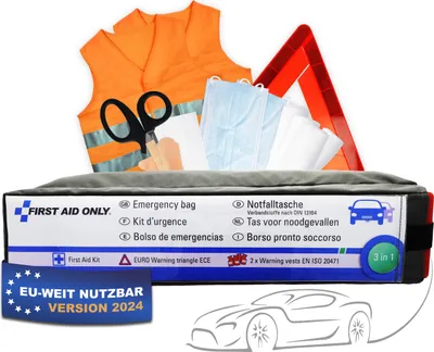Produktbild von First Aid Only Kfz Set Verbandtasche DIN 13164 mit Warndreieck und 2 x Warnweste | Auto Erste Hilfe Set für HU & | Verbandskasten für Auto und Motorrad | P-10021