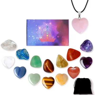 Produktbild von Heilsteine Set Glücksbringer Herz Chakra Ausgleich Meditation Reiki 7 Chakra Steine 7 Herzen Rosenquarz Anhänger