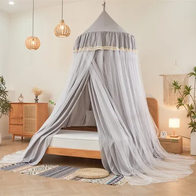 Image de Baldaquin double épaisseur rond pour enfants, bébés, filles et adultes, avec moustiquaire, pour jeu de château, tente ou coin lecture, Φ100 cm, gris
