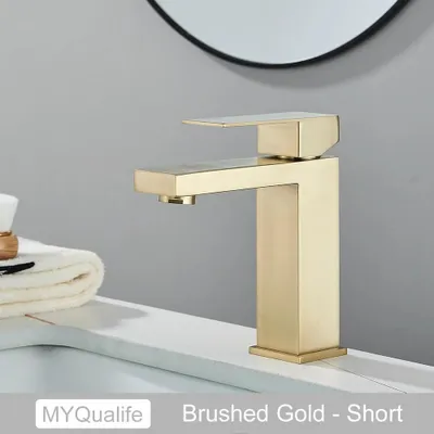 Immagine prodotto di Rubinetto per lavabo - Modello ribassato - Monocomando a 1 foro - Miscelatore caldo/freddo - Acciaio inossidabile - Cartuccia in Vetroceramica - Oro spazzolato
