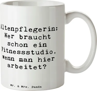 Produktbild von Mr. & Mrs. Panda Geschenktasse Spruch Altenpflegerin Fitness - Weiß - Geschenk, Geschenke für Berufstätige, Tasse, Kaffeepott, Teetasse, Berufsalltag, Kaffeebecher, Beruf