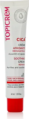 A white tube of Topicrem CICA Soothing Cream with a red cap, set against a white background.