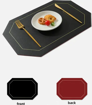 Produktbild von 6er Set Abwischbar Lederoptik Platzset und Untersetzer,Wasserdicht PVC Platzdeckchen Tischset für Hause Küche Restaurant und Hotel,43x30cm,Schwarz+Rot