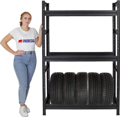 Produktbild von Reifenregal DINO | HxBxT 180x120x50cm | 150kg Fachlast | bis zu 12 Reifen auf 3 Ebenen | Schwarz