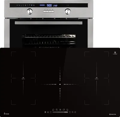 A stainless steel oven and a black induction cooktop are shown together against a white background.
