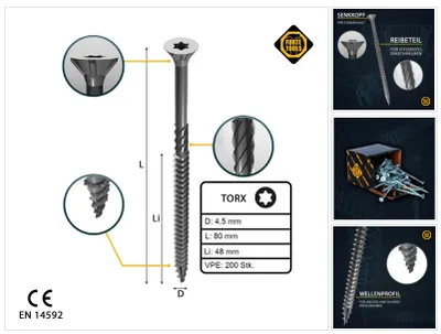 Immagine prodotto di Vite per legno universale FORTE Tools 4,5 x 80 mm T20, 200 pezzi (000040113877), zincata argento, testa svasata Torx, filettatura parziale