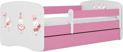 Produktbild von Kinderbett Rosa 70x140 80x160 80x180 cm – mit Matratze, Rausfallschutz und Schublade – Jugendbett für Mädchen – Stabil und Sicher – Häschen mit Schmetterlingen – 180x80 cm