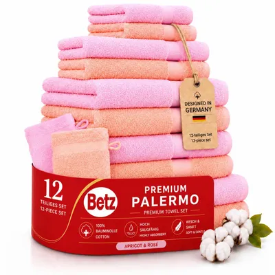 Produktbild von Betz 12-TLG. Handtuch-Set Palermo 100% Baumwolle 2 Liegetücher 4 Handtücher 2 Gästetücher 2 Seiftücher 2 Waschhandschuhe Farbe apricot und rosé