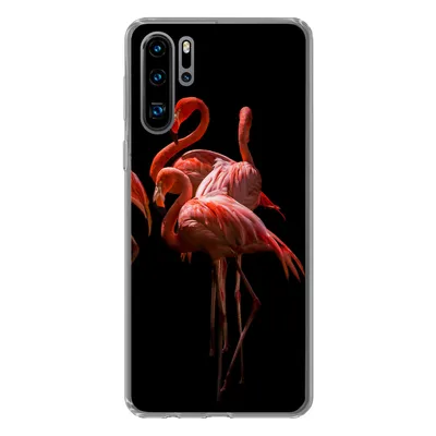 A phone case with a flamingo design on a black background.