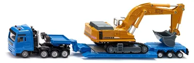 Produktbild von Siku 1847, MAN Schwertransporter mit Liebherr Bagger, 1:87, Metall/Kunststoff, Blau/Gelb, Abkoppelbarer Auflieger