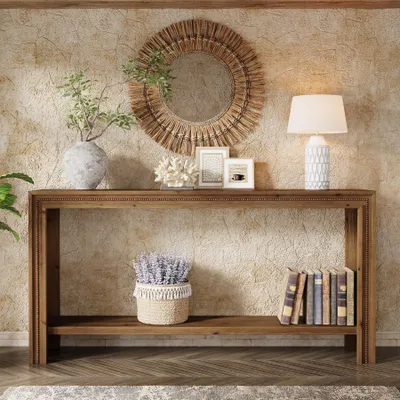 Produktbild von Massivholz Konsolentisch 160 cm, Landhaus Flurtisch mit 2 Ablagen & Nieten-Details, schmaler Sofatisch für Diele, Wohnzimmer, Eingangsbereich, Braun