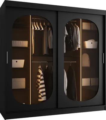 Produktbild von MIRJAN24 Kleiderschrank Bahrajn 200, Schwebetürenschrank, Garderobe (Farbe: Schwarz, Größe: 200 cm, mit Weisser LED Beleuchtung)