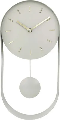 A minimalist pendulum clock with a round face and a U-shaped frame.