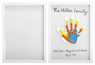 A split image showing an empty frame on the left and a framed handprint art project on the right.