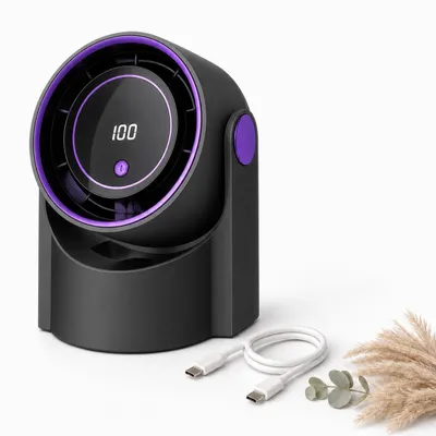 Obrázek produktu pro Stolní a nástěnný ventilátor, černý, s baterií, 5 rychlostí, kapacita 1200 mAh, LED displej, tichý provoz (22 dB), nabíjení přes USB-C, flexibilní stojan nebo možnost montáže na zeď pomocí nástěnného držáku