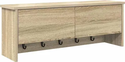 A wall-mounted cabinet with two doors and hooks underneath.