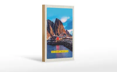 Produktbild von Holzschild Reise 12x18 cm Skandinavien Gebirge Meer rote Häuser
