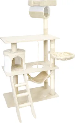 Obrázok produktu pre Škrabadlo Wiltec v béžovej/bielej farbe, výška 141 cm, strom pre mačky so sisalom, škrabadlo pre mačky s domčekom pre mačky, závesnou podložkou a ležadlom, strom na šplhanie pre mačky