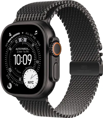 A close-up studio shot of an Apple Watch Ultra with a Milanese Loop band.