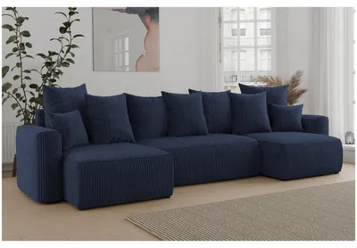 Produktbild von MEBLINI Schlafcouch mit Bettkasten - 312x142x73cm - Blau Cordstoff - DAVE - Ecksofa mit Schlaffunktion - Sofa mit Relaxfunktion und Kopfstützen - Couch U-Form - Eckcouch - Wohnlandschaft