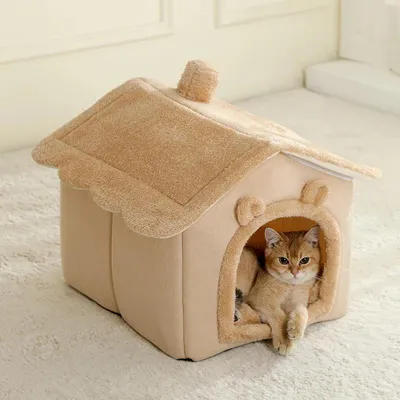 Produktbild von Katzenhaus Katzenbett Katzenhöhle Beige 37 x 31 x 33 cm Katzenkorb Tierbett Kuschelbett für kleine Katzen bis 5 kg weich geschlossen