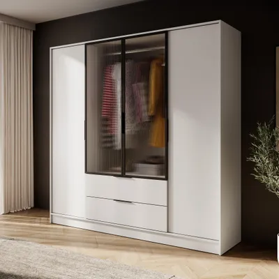Produktbild von 200 cm breite Schrank Jolie V Kashmire Garderobenschrank mit Glastüren Kleiderschrank mit 4 Scharniertüren Drehtürenschrank mit 2 Schubladen, Farbe: Kashmir