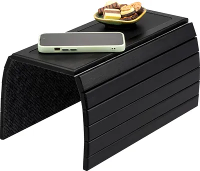 Image de eluno Tablette pour canapé en bambou avec support antidérapant en silicone, tablette pliable pour snacks, téléphone portable, etc. en noir