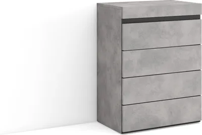 A gray chest of drawers with five drawers is shown against a white background.