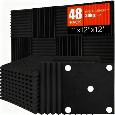 Immagine prodotto di Pannelli acustici, confezione da 48 pezzi - Pannelli fonoassorbenti - Isolamento acustico - Rivestimento acustico per pareti - Colore: nero - Dimensioni: 30 x 30 x 2,5 cm