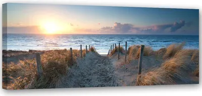 Image de Toile coucher de soleil sur la plage au bord de la mer 90x30 cm Feeby bleu tableau mural prêt à accrocher