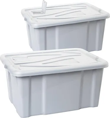 Produktbild von 2 Stück Aufbewahrungsboxen, 60 Liter Boxen Aufbewahrung, Plastikbox mit Deckel, Transparent Kisten Aufbewahrung mit Deckel, Griffen und Lüftungsklappe, Farbe Grau