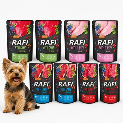 Produktbild von RAFI Nassfutter für Hunde 8 × 300 g – Mix aus 4 Sorten in Portionsbeuteln, KI-generiertes Bild