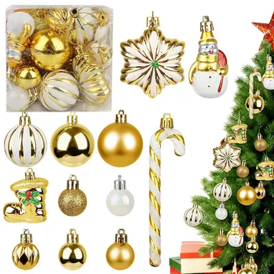 Immagine prodotto di Set di 34 palline natalizie in plastica dorata, di diverse dimensioni (13/8/6/4 cm), resistenti alla rottura, ideali per decorare l'albero di Natale