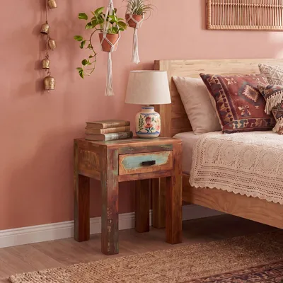 Obrázek produktu pro FineBuy Noční stolek KALKUTTA 40 x 40 x 55 cm Noční stolek z masivního mangového dřeva se zásuvkou Malý odkládací stolek Shabby Chic Obývací stolek