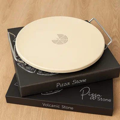 Produktbild von Pizzastein 33 cm, Steinofen, Pizzaplatte , Grillstein, Backstein – rund mit Griffen – für Ofen & Grill – Steinofen-Effekt für knusprige Pizza