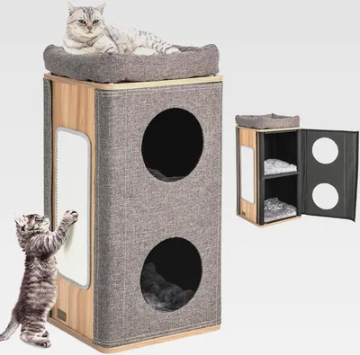 Produktbild von 3-stöckige Kratztonne Katzentonne, Kratzbaum mit Kratzbrett & 3 Matten, Spieltonne für Katzen bis 20 kg, Katzenkratzbaum mit Katzenhöhlen, Katzenturm Katzenhaus Katzenmöbel, Grau+Natur