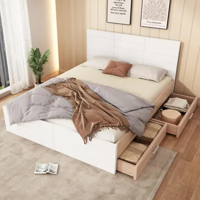 Produktbild von Holzbett Doppelbett 180×200cm Eiche/Weiß mit 2 Schubladen als Bettanlage, inkl. Bettgestell und Lattenrost 207×80×185cm, ohne Matratze
