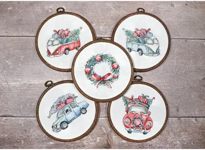 Produktbild von Letistitch Kreuzstich Set "Weihnachten Retro Autos / Set von 5 Stk"; Zählmuster, ca.10x10cm