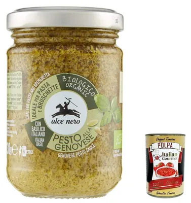 Produktbild von 12x Alce Nero Pesto Genovese, Glutenfreie Italienische Pasta-Sauce mit 100% italienischem Basilikum aus nachhaltiger Landwirtschaft und Kase 190g + Italian Gourmet polpa 400g