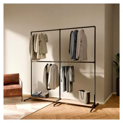 Produktbild von Freistehende Kleiderstange mit 120 kg Traglast - Offener Kleiderschrank im industriellen Stil aus Metallrohren und massiven Eichenböden