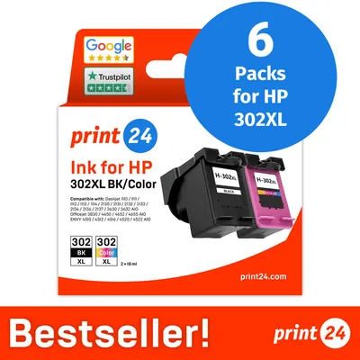 Immagine prodotto di NUOVO: print24 Cartucce d'inchiostro per HP 302XL, Multipack (BK/C/M/Y), 6 pezzi