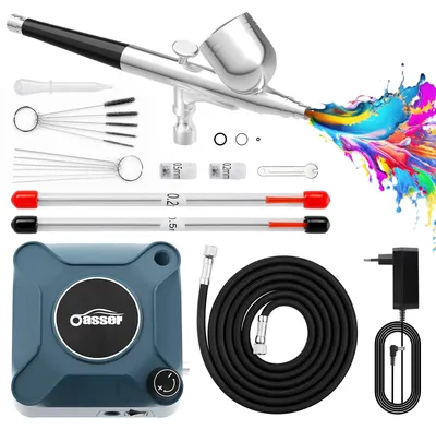 Produktbild von Airbrush-Set Kompressor Sprühpistole - Doppelwirkung - 0,2 / 0,3 / 0,5 mm Düsen - 2 bis 36 psi