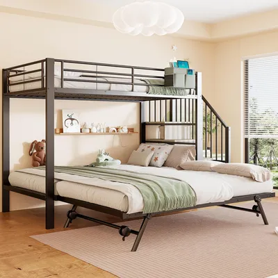 Immagine prodotto di Letto a castello 90 x 200 cm e 180 x 200 cm in metallo con letto estraibile, scala con spazio contenitivo, tasca in tessuto, nero