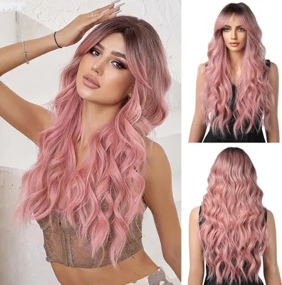 Produktbild von Ombre Rosa Lange Lockige Perücke mit Pony für Frauen - Hitzebeständige Synthetische Haarperücke