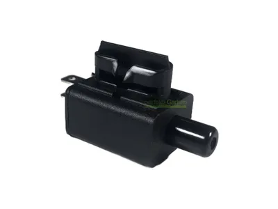 A black electrical switch on a white background.
