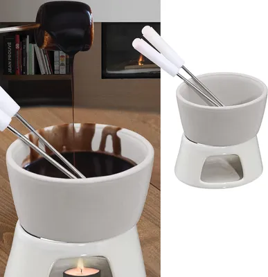 Produktbild von Keramik Schokoladenfondue Set in Weiß mit 2 Edelstahlgabeln