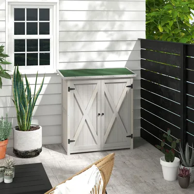 Imagen del producto de Okwish, armario de jardín exterior con doble puerta y techo asfáltico, resistente y con dos estantes interiores, color gris claro